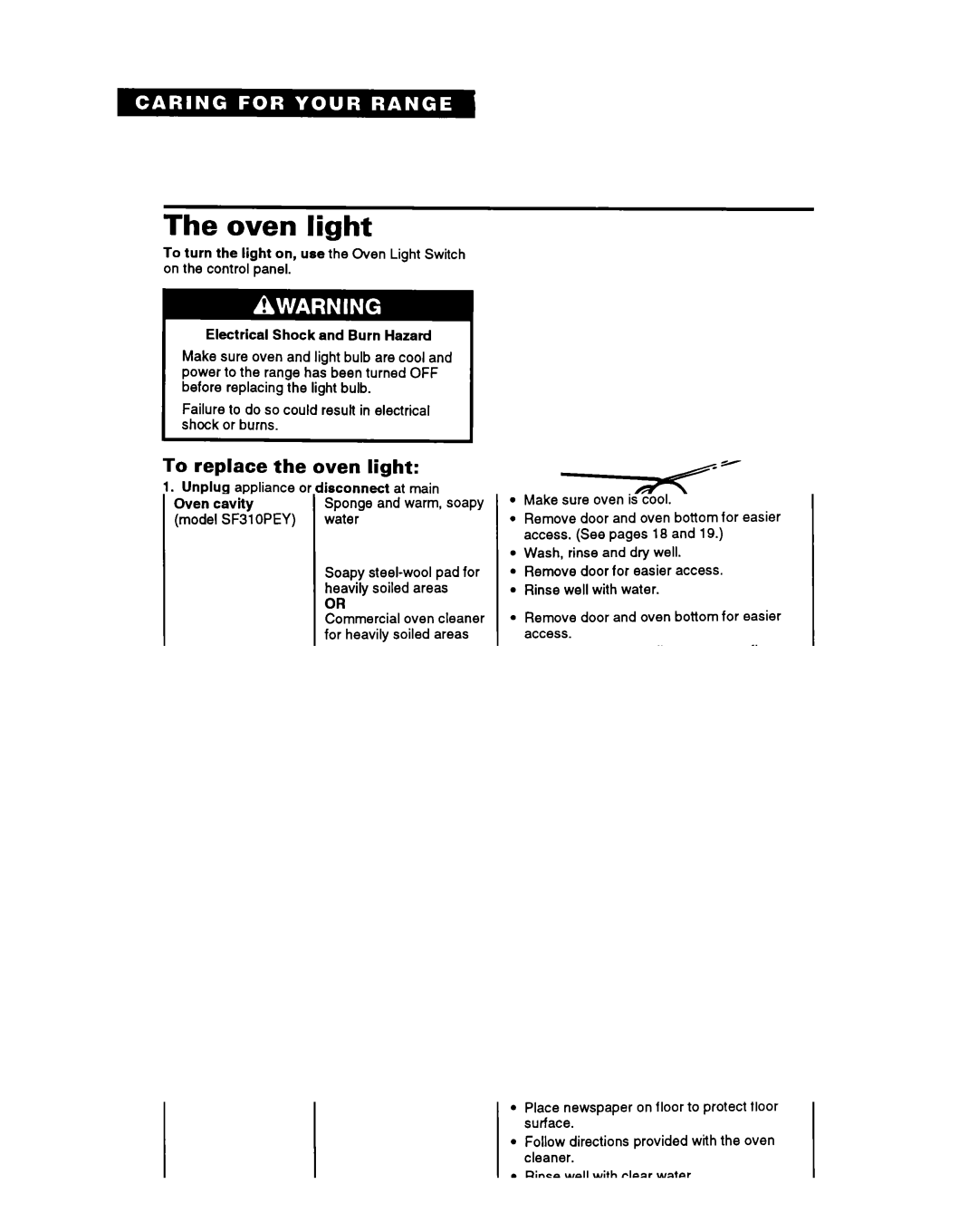 Whirlpool SF330PEY, SF310PEY manual Oven light, To replace the oven light 