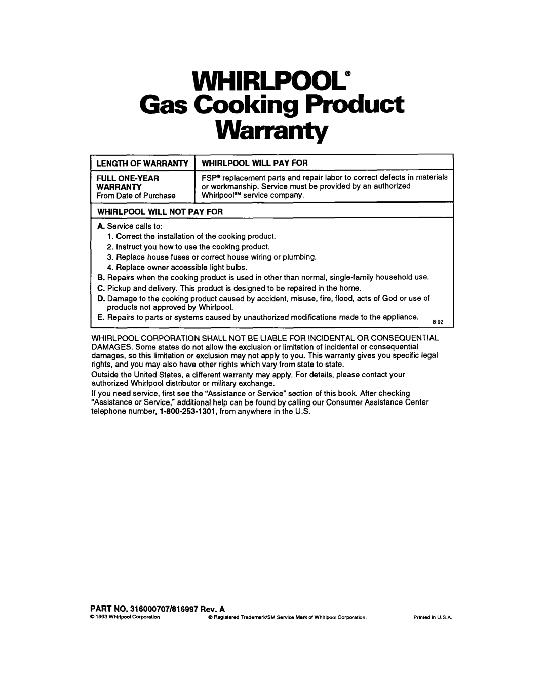 Whirlpool SF330PEY manual Gas Cooking Product Warranty, Length of Warranty, From Date of Purchase, Whirlpool will PAY for 