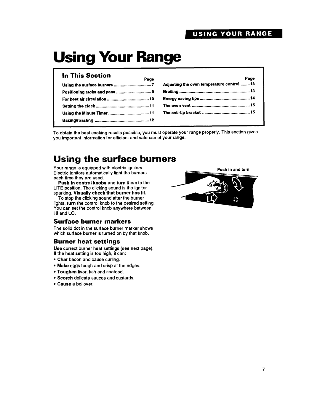 Whirlpool SF310PEY Using Your Range, Using the surface burners, This Section, Surface burner markers, Burner heat settings 