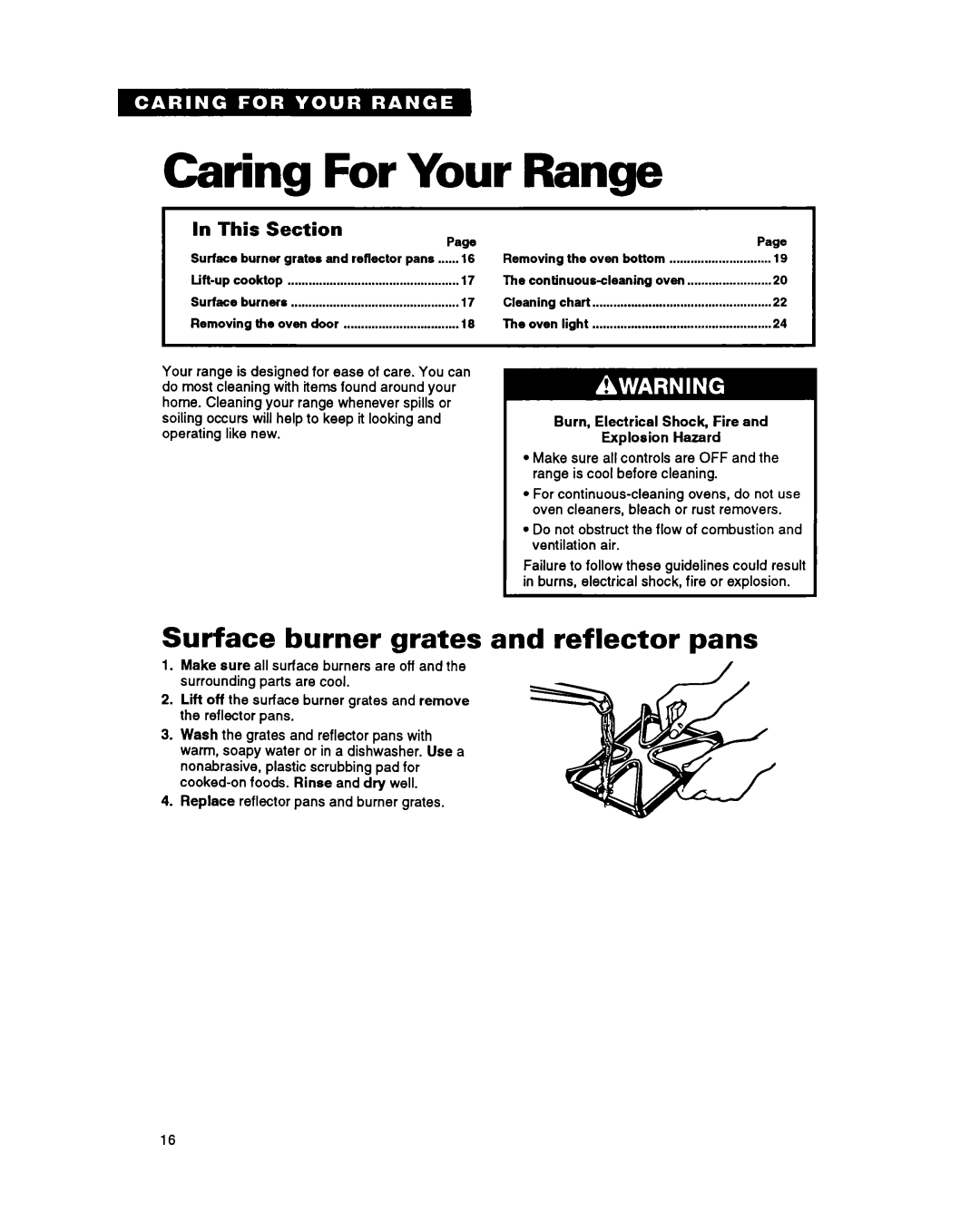 Whirlpool SF330PEY, SF310PEY manual Caring For Your Range, Surface burner grates and reflector pans, In This Section Page 