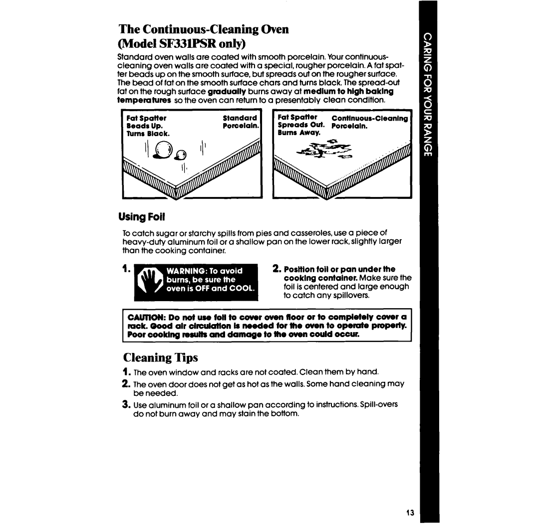 Whirlpool SF331PSR manual Continuous-Cleaning Oven Model SF33lPSR only, Cleaning Tips, Using Foil 