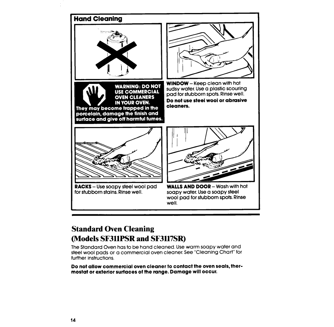 Whirlpool SF331PSR manual Standard Oven Cleaning Models SF3llPSR and SF3ll7SR, Hand Cleaning, With 