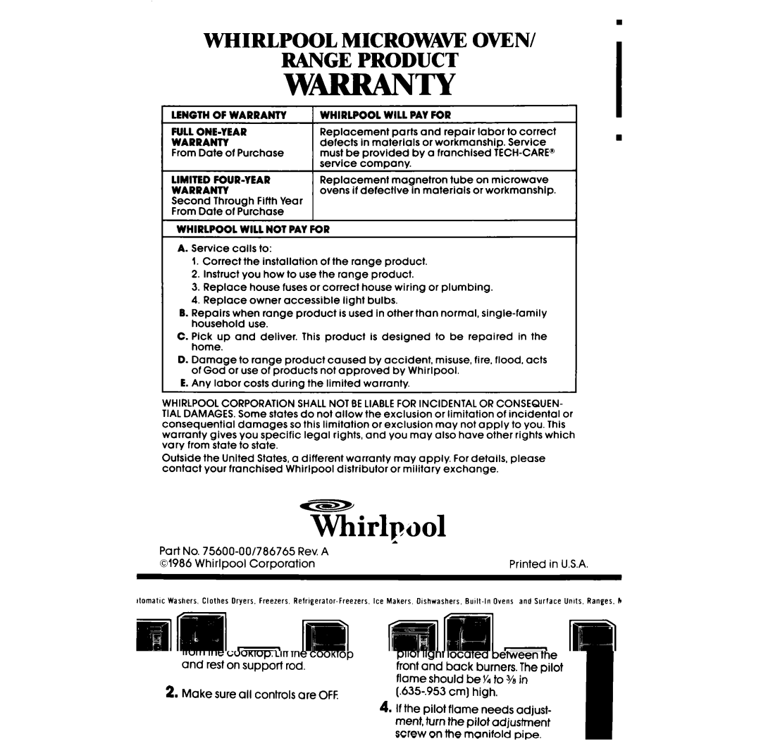 Whirlpool SF331PSR manual Whirlpool Microwaw Oven Range Product, Part No -001786765 Rev.A 