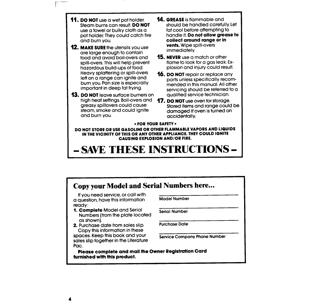 Whirlpool SF331PSR manual Copy your Model and Serial Numbers here, DONOTuseovenforstorage 