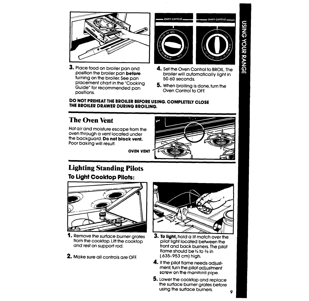 Whirlpool SF331PSR manual Oven Vent, Lighting Standing Pilots, To light Cooktop Pilots 