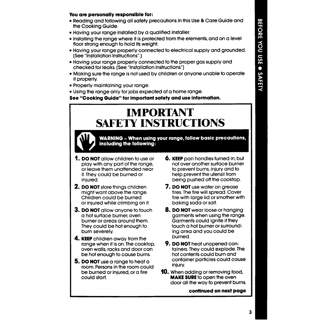 Whirlpool SF331PSR manual Safety Instructions 