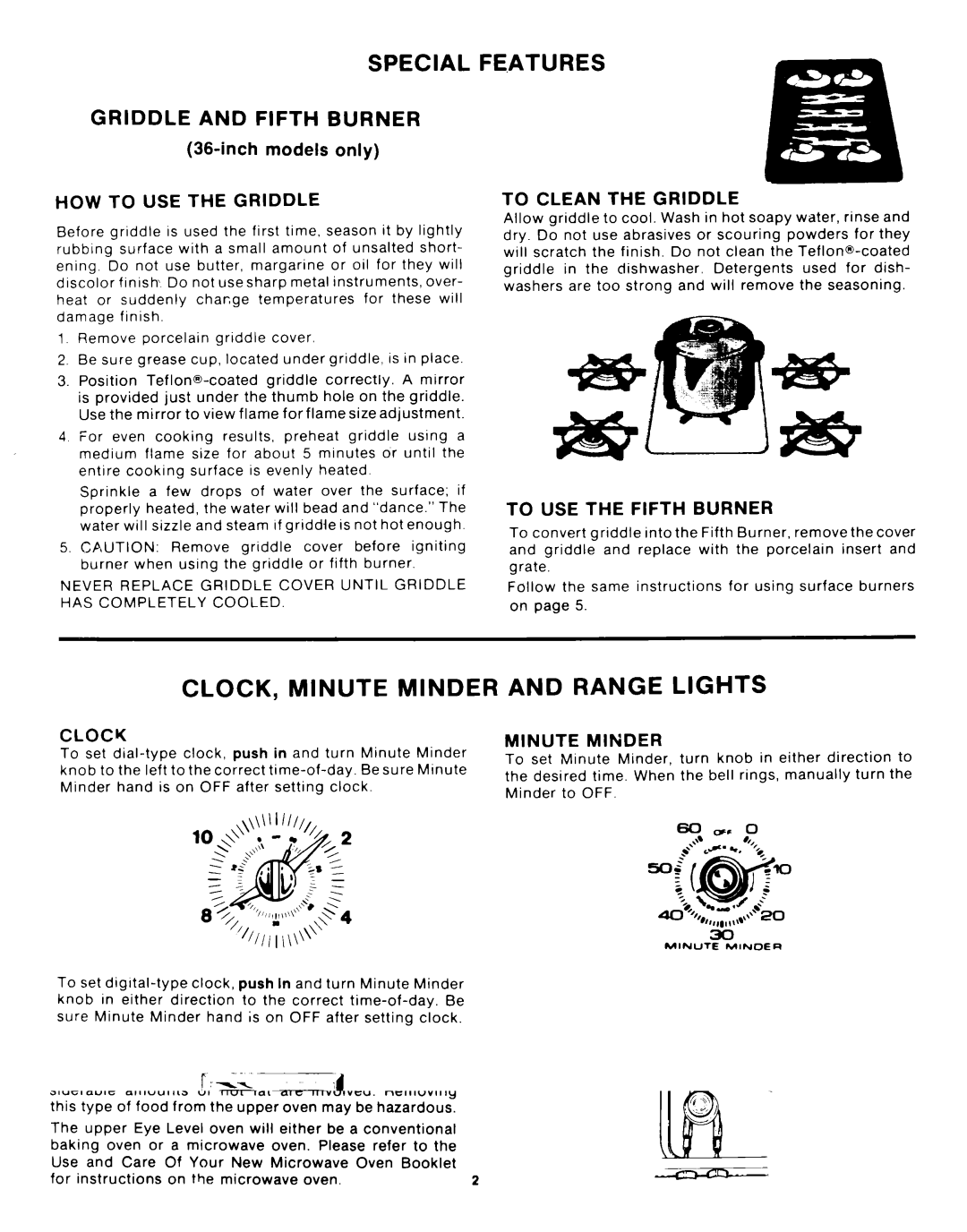 Whirlpool SF335EEPW0 manual Special Features, CLOCK, Minute Minder, Range Lights, Griddle and Fifth Burner 