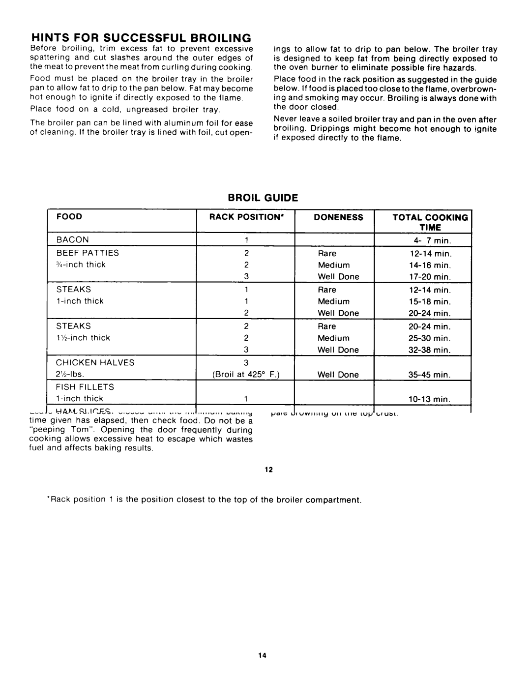 Whirlpool SF335EEPW0 manual Hints for Successful Broiling, Broil Guide 