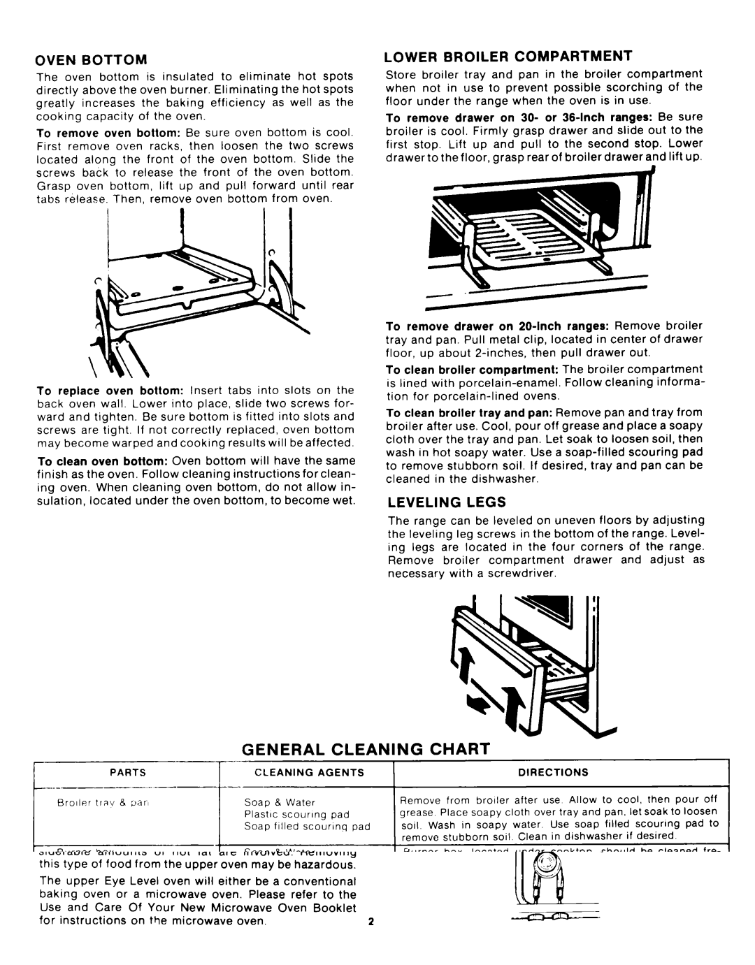 Whirlpool SF335EEPW0 manual General Cleaning Chart, Oven Bottom, Lower Broiler Compartment, Leveling Legs 