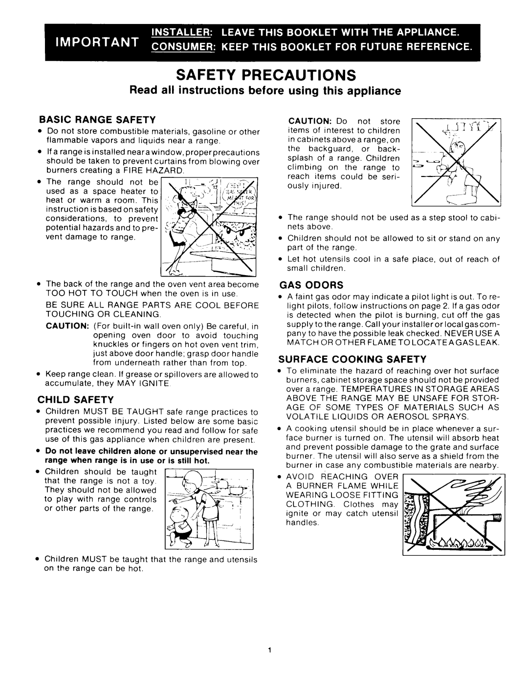 Whirlpool SF335EEPW0 manual Safety Precautions, Basic Range Safety, Child Safety, GAS Odors, Surface Cooking Safety 