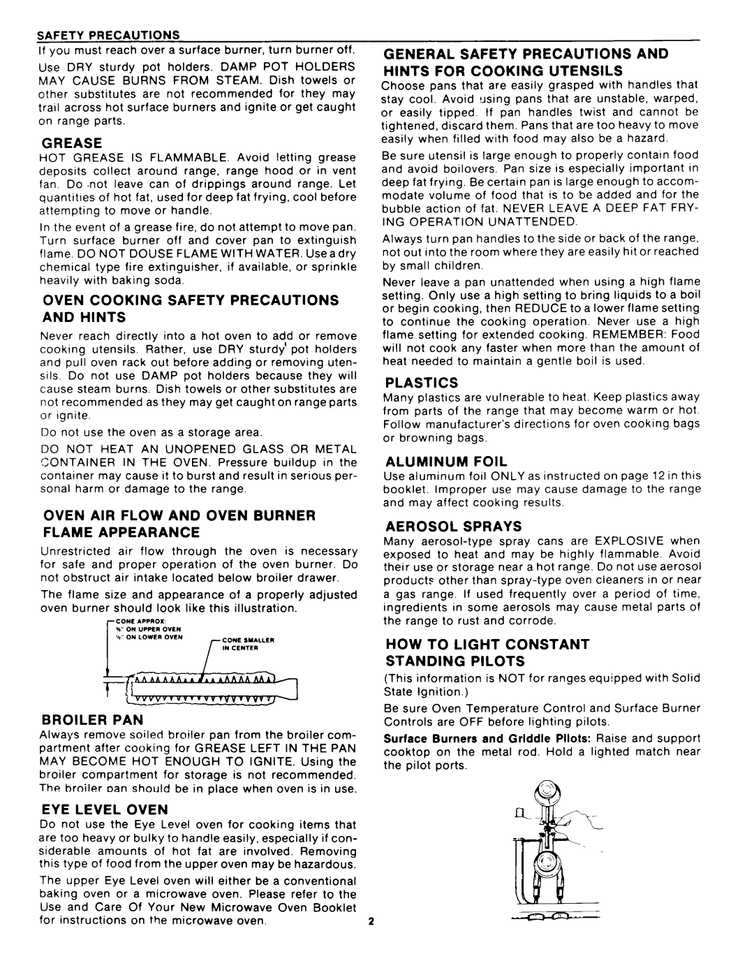 Whirlpool SF335EEPW0 Grease, Oven Cooking Safety Precautions and Hints, Oven AIR Flow and Oven Burner Flame Appearance 