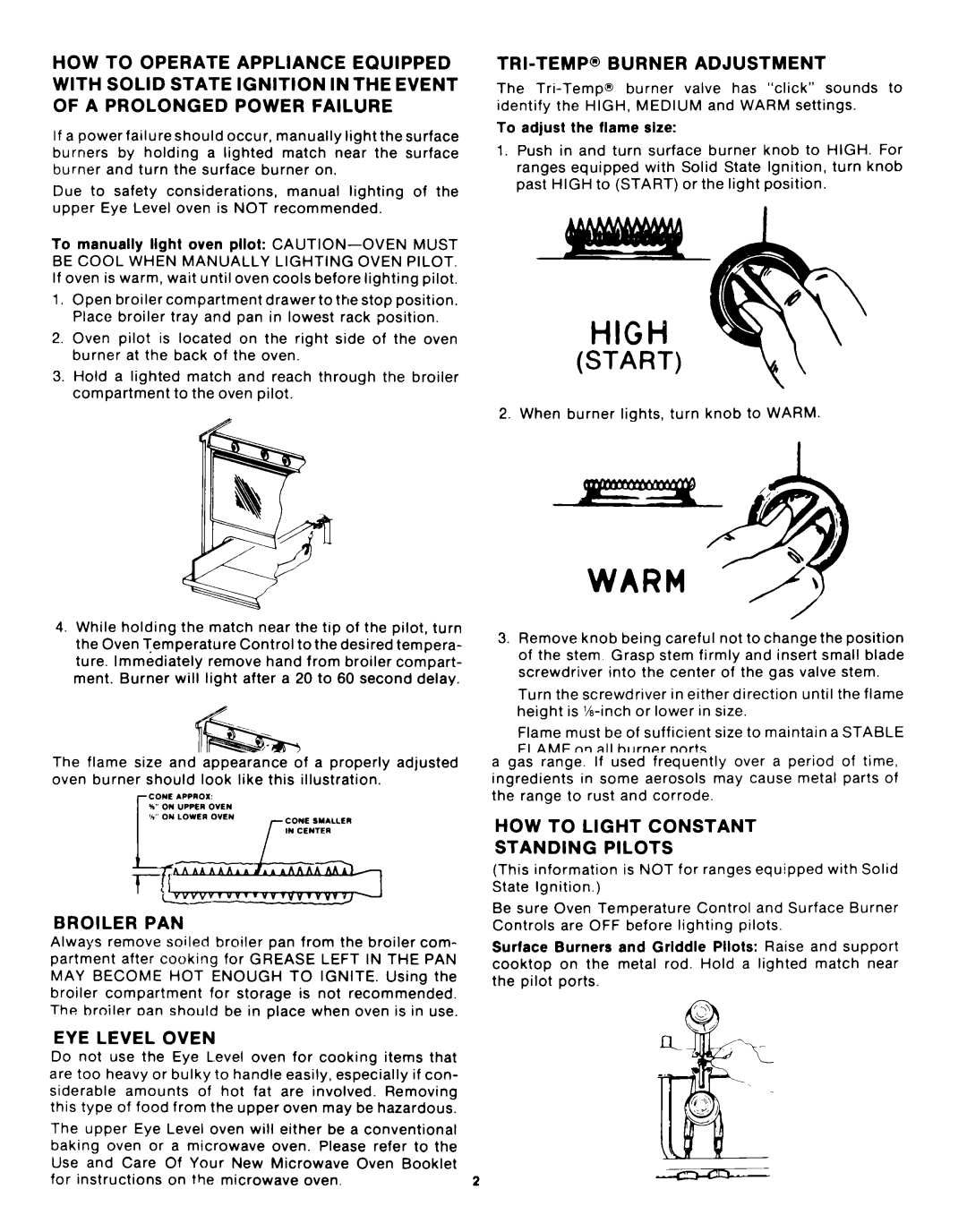 Whirlpool SF335EEPW0 manual TRI-TEMP@ Burner Adjustment, Never Adjust the Flame Size AT the Medium Setting 