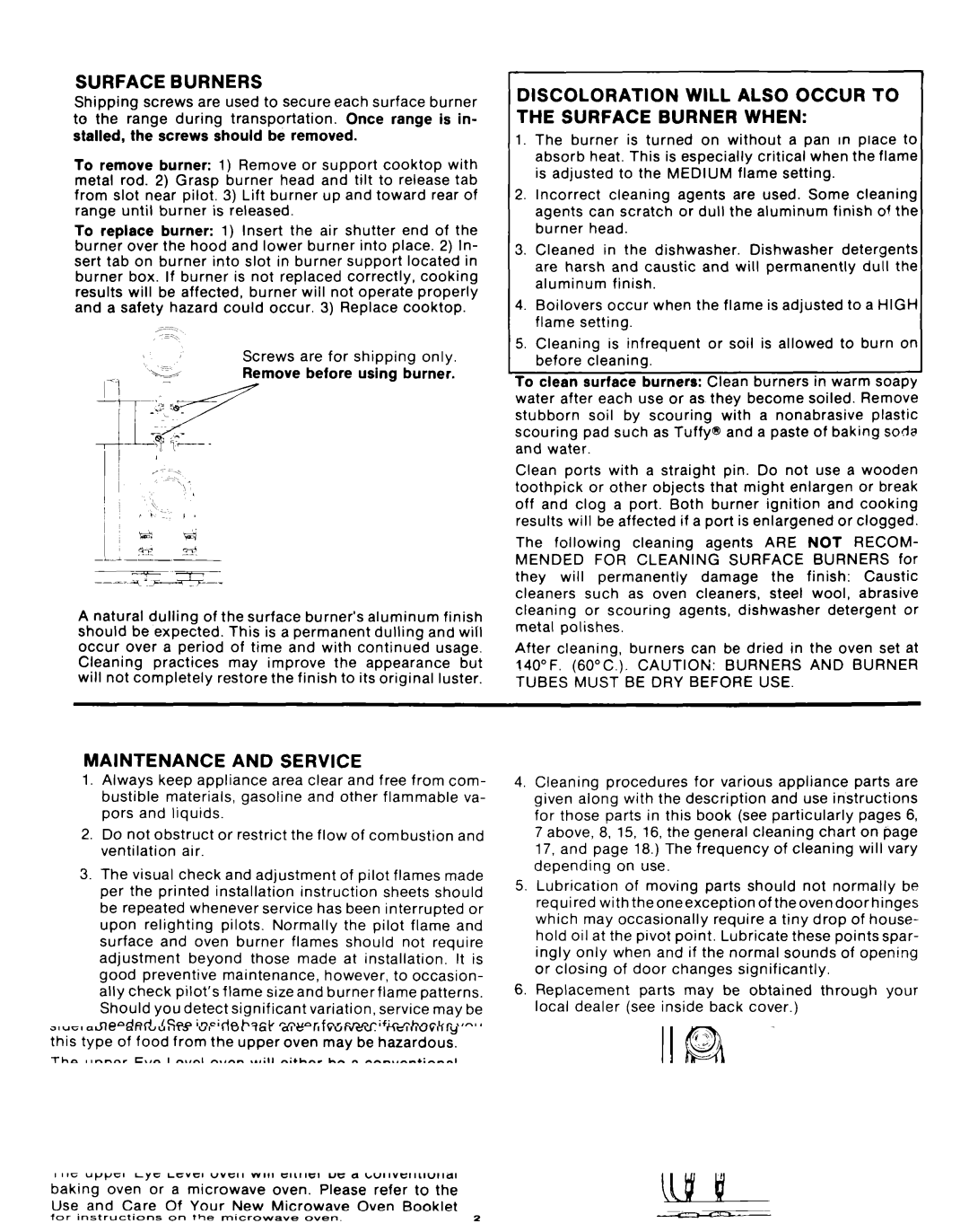 Whirlpool SF335EEPW0 Surface Burners, Discoloration will Also Occur to the Surface Burner When, Maintenance and Service 