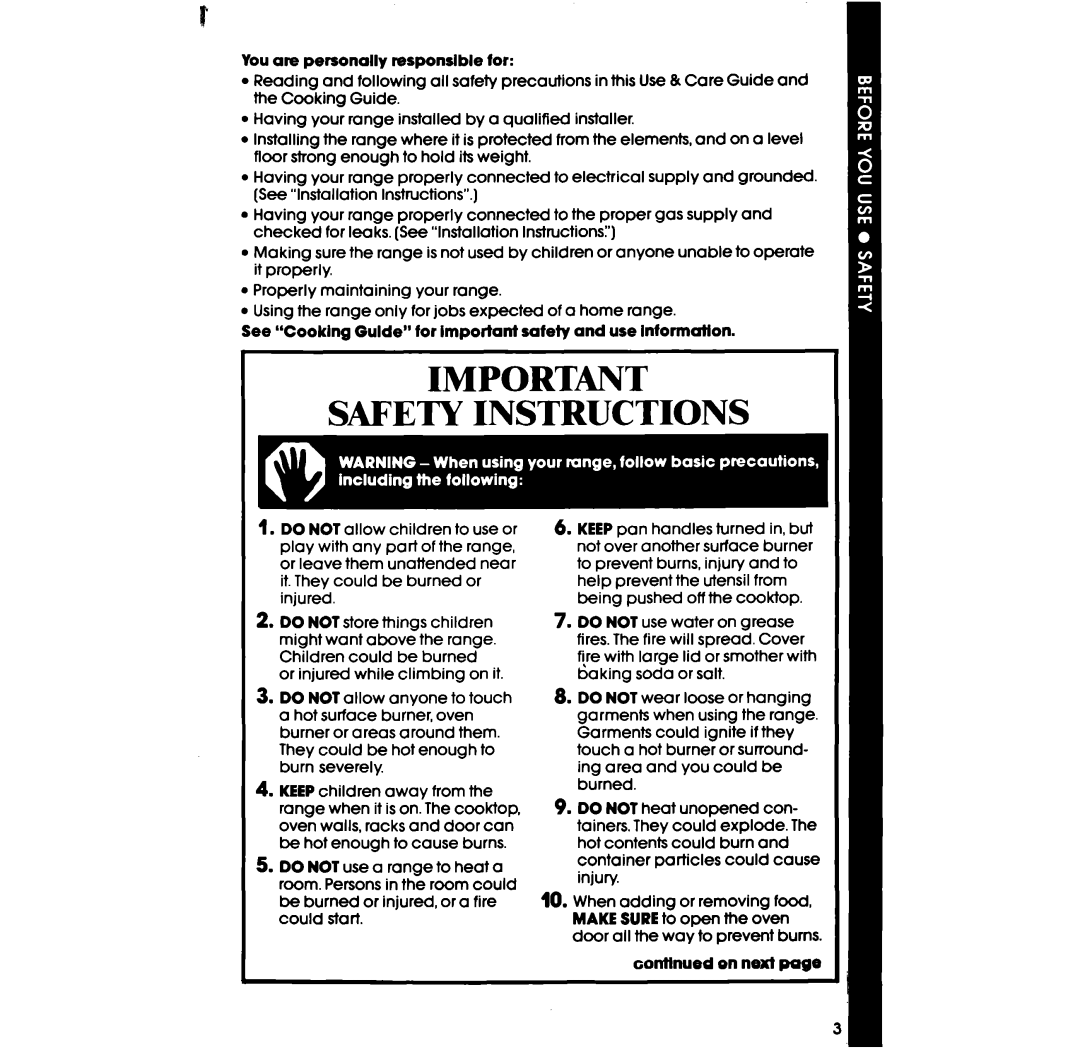 Whirlpool SF335ESR/ER, SF315ESR/ER manual Safety Instructions 