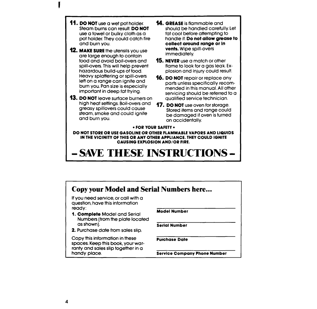 Whirlpool SF335ESR/ER, SF315ESR/ER Copy your Model and Serial Numbers here, Be damaged if oven is turned on accidentally 