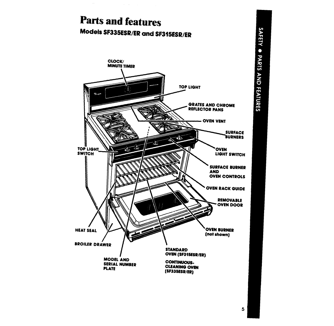 Whirlpool SF335ESR/ER, SF315ESR/ER manual Parts and features, Models SF335ESR/ERand SF315ESR/ER 