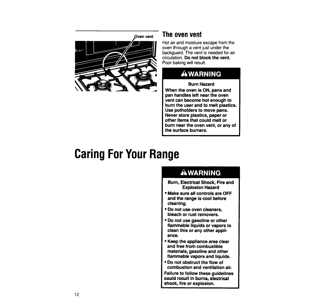 Whirlpool SF335PEW manual Pven vent The ovenvent, Do not obstruct the flow of combustion and ventilation air 