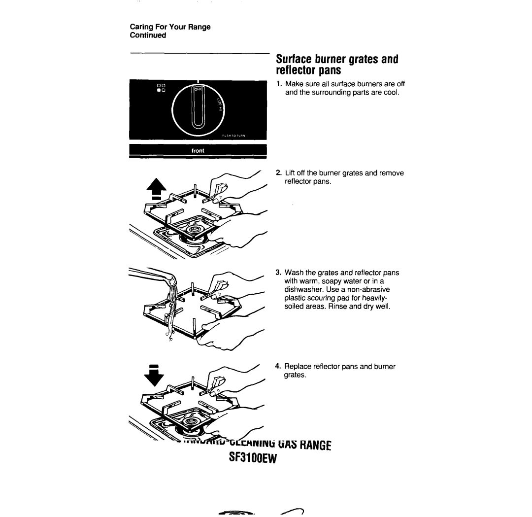 Whirlpool SF335PEW manual Surfaceburner grates and reflector pans, Caring For Your Range 