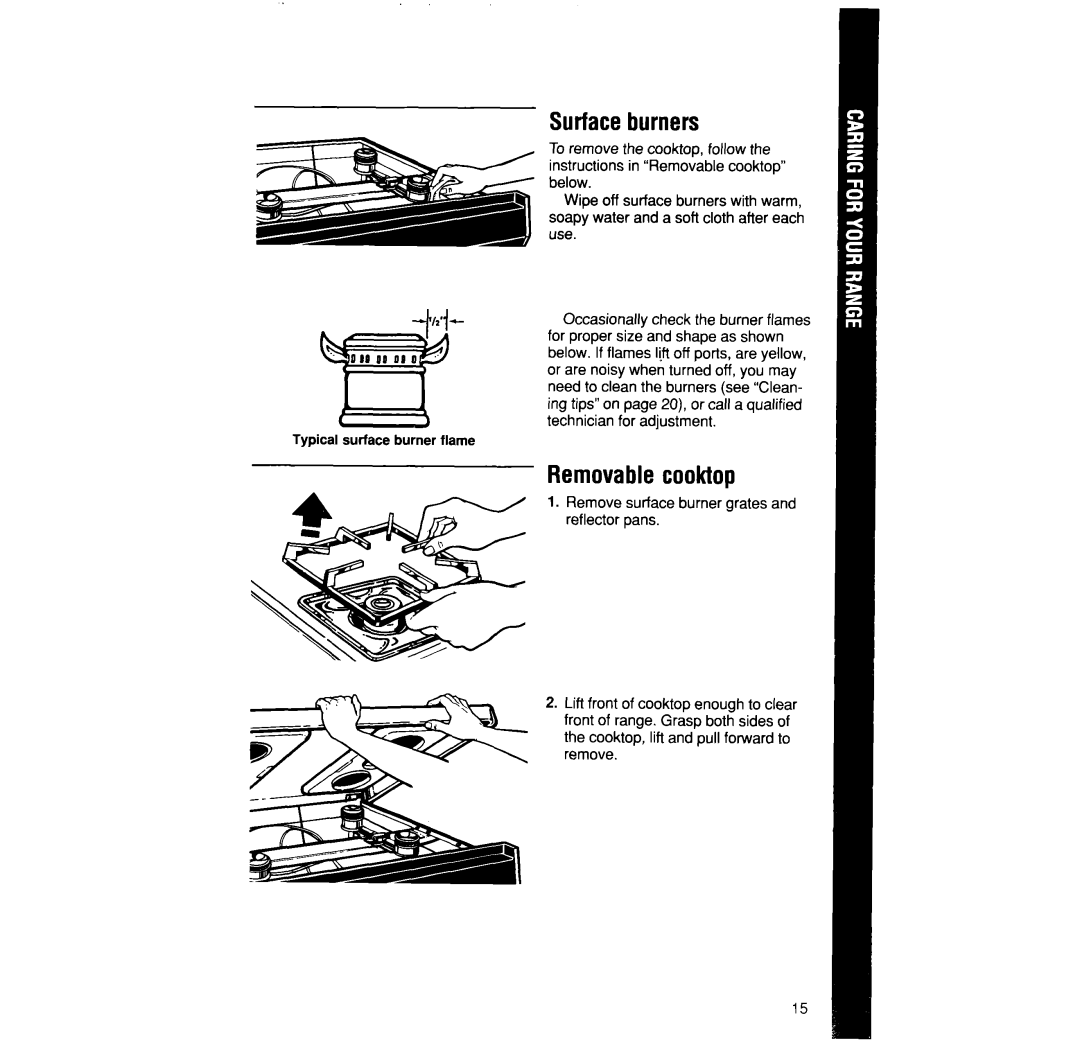 Whirlpool SF335PEW manual Surfaceburners, Removablecooktop 