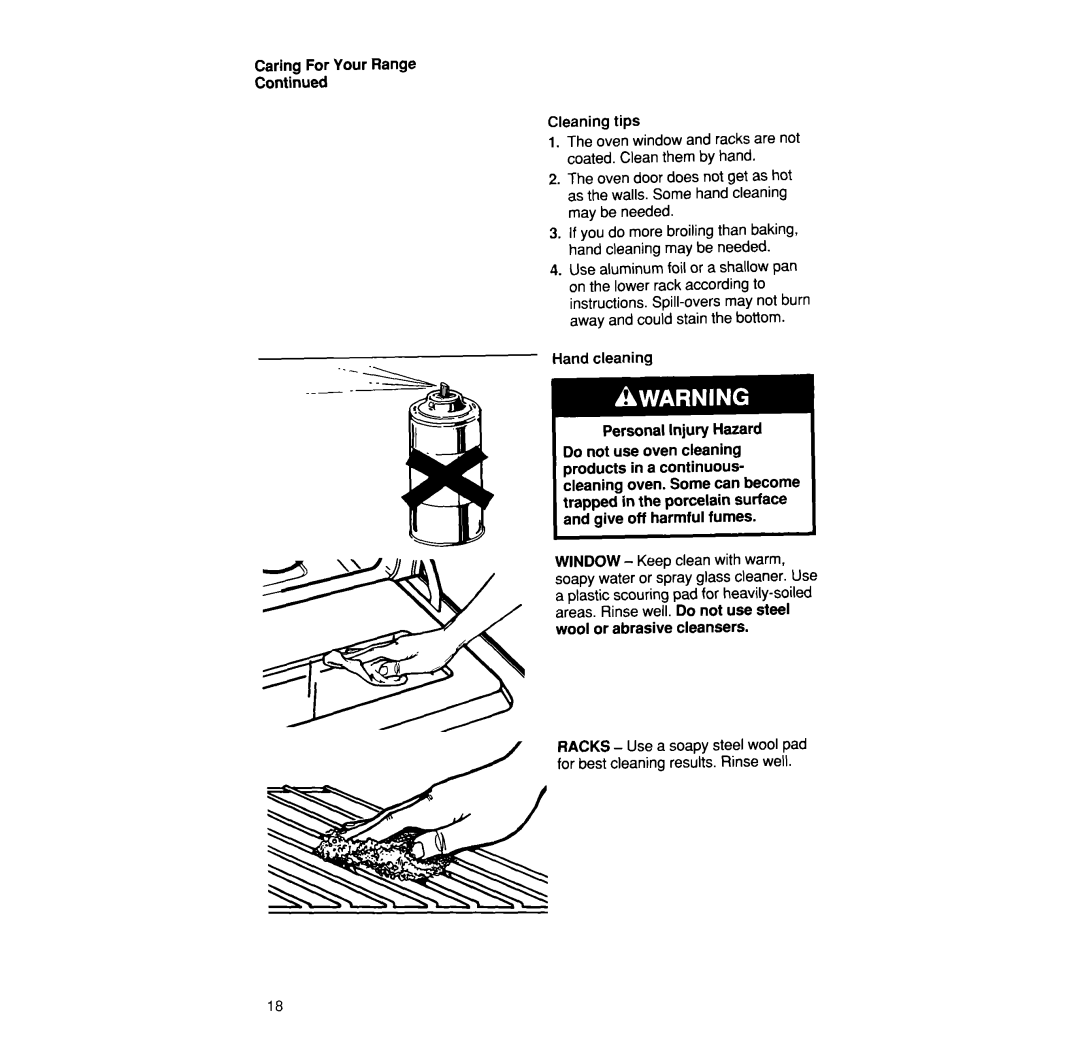 Whirlpool SF335PEW manual Caring For Your Range Cleaning tips, Hand cleaning Personal Injury Hazard 