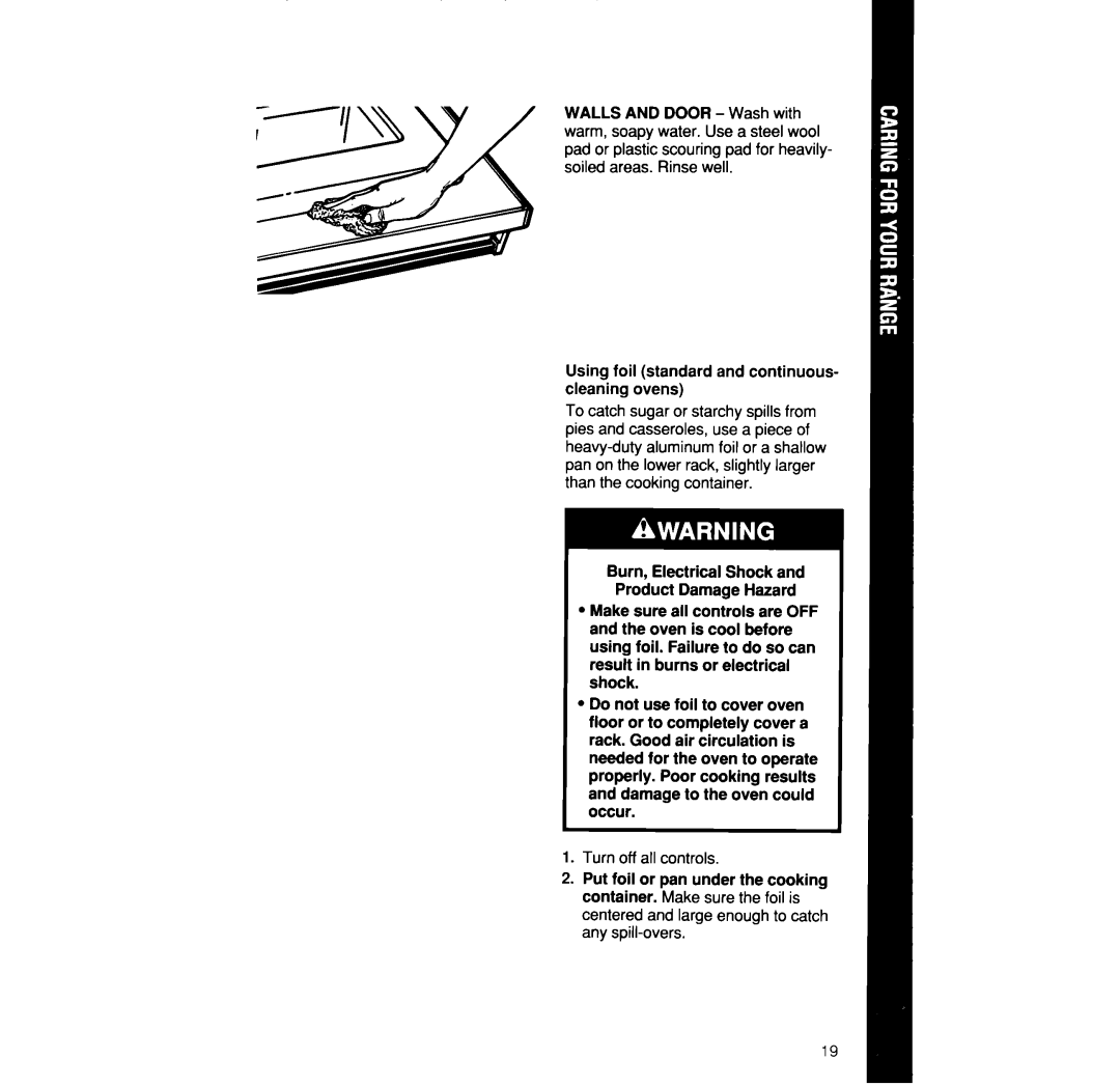 Whirlpool SF335PEW Using foil standard and continuous- cleaning ovens, Burn, Electrical Shock and Product Damage Hazard 