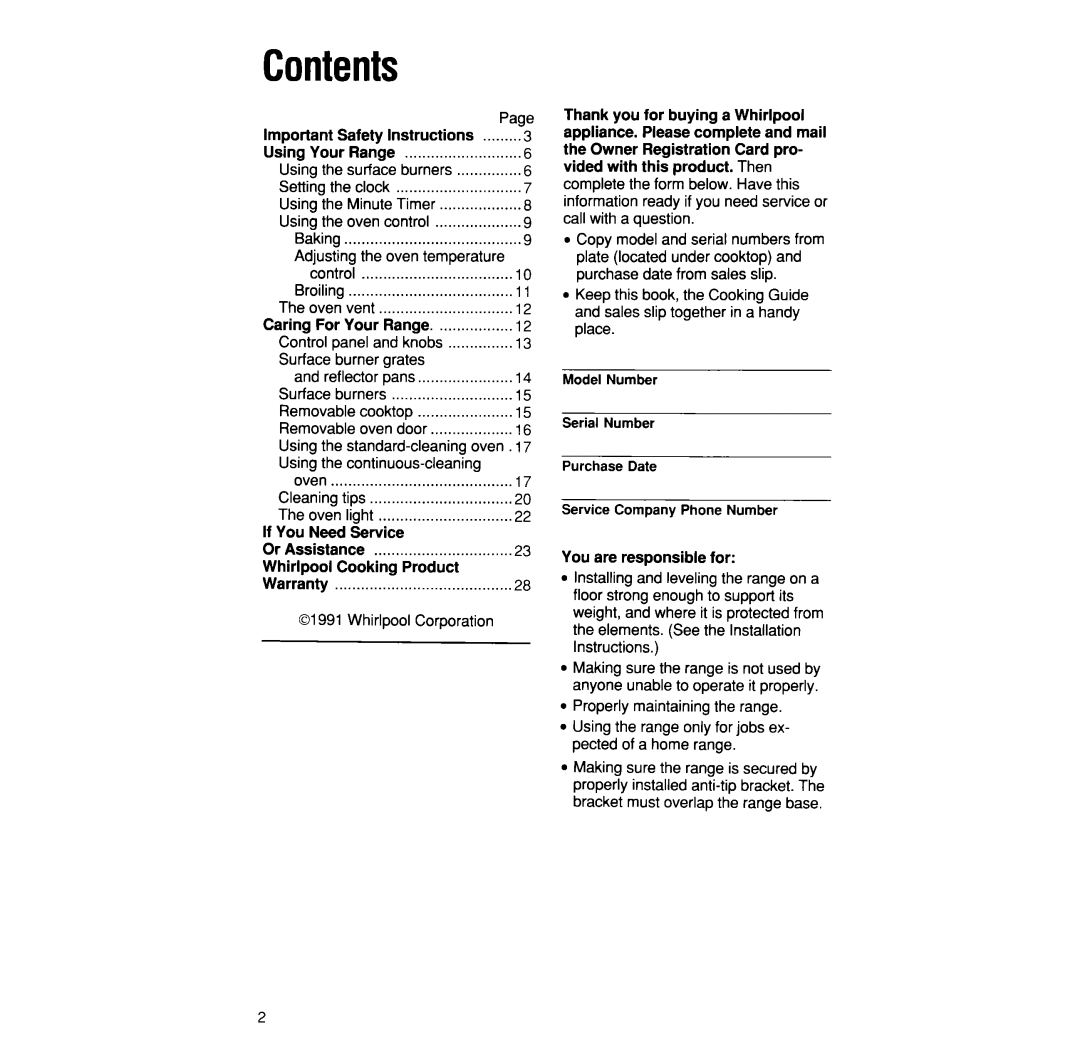 Whirlpool SF335PEW manual Contents 