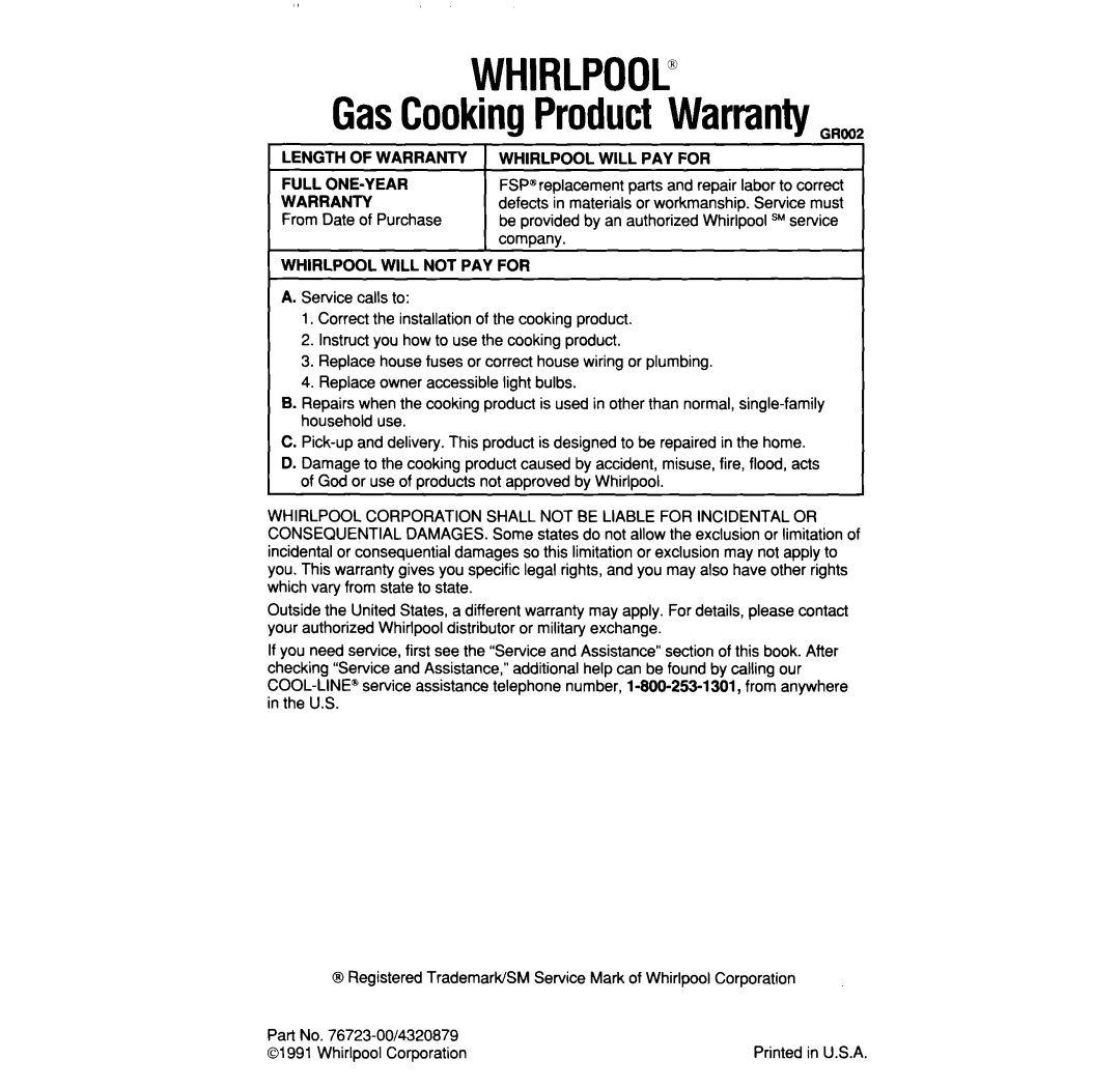 Whirlpool SF335PEW manual WHIRLPOOr GasCookingProductWarrantyGROO 