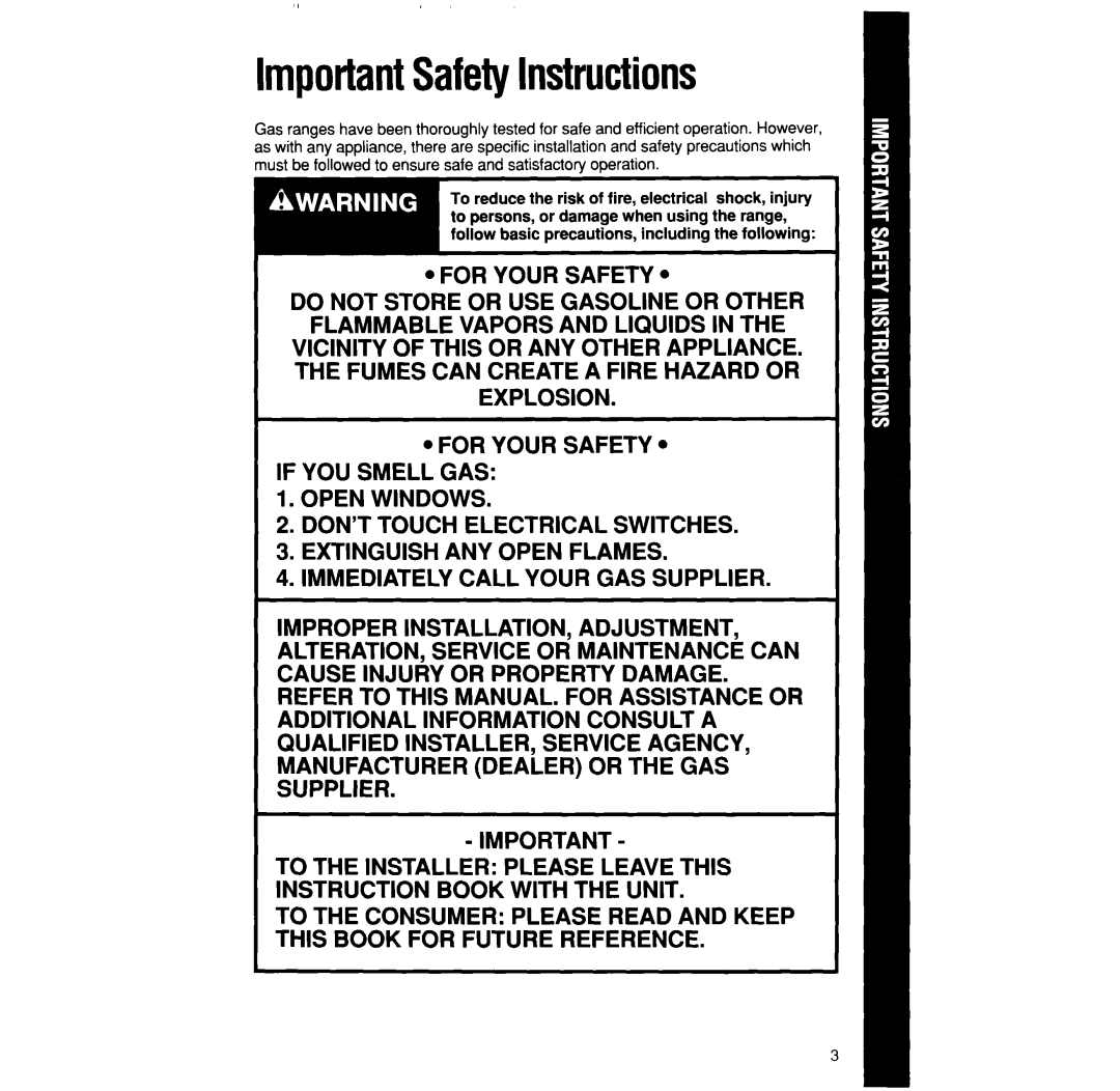 Whirlpool SF335PEW manual ImportantSafetyInstructions 