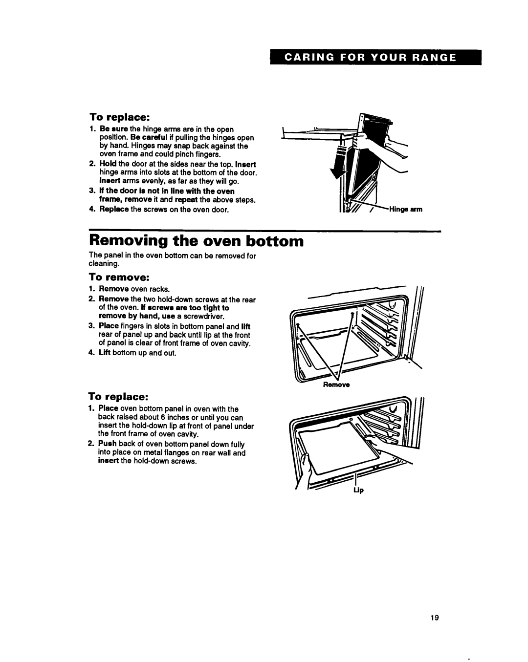 Whirlpool SF317PCY, SF337PEY Removing the oven bottom, To replace, Panel in the oven bottom can be removed for cleaning 