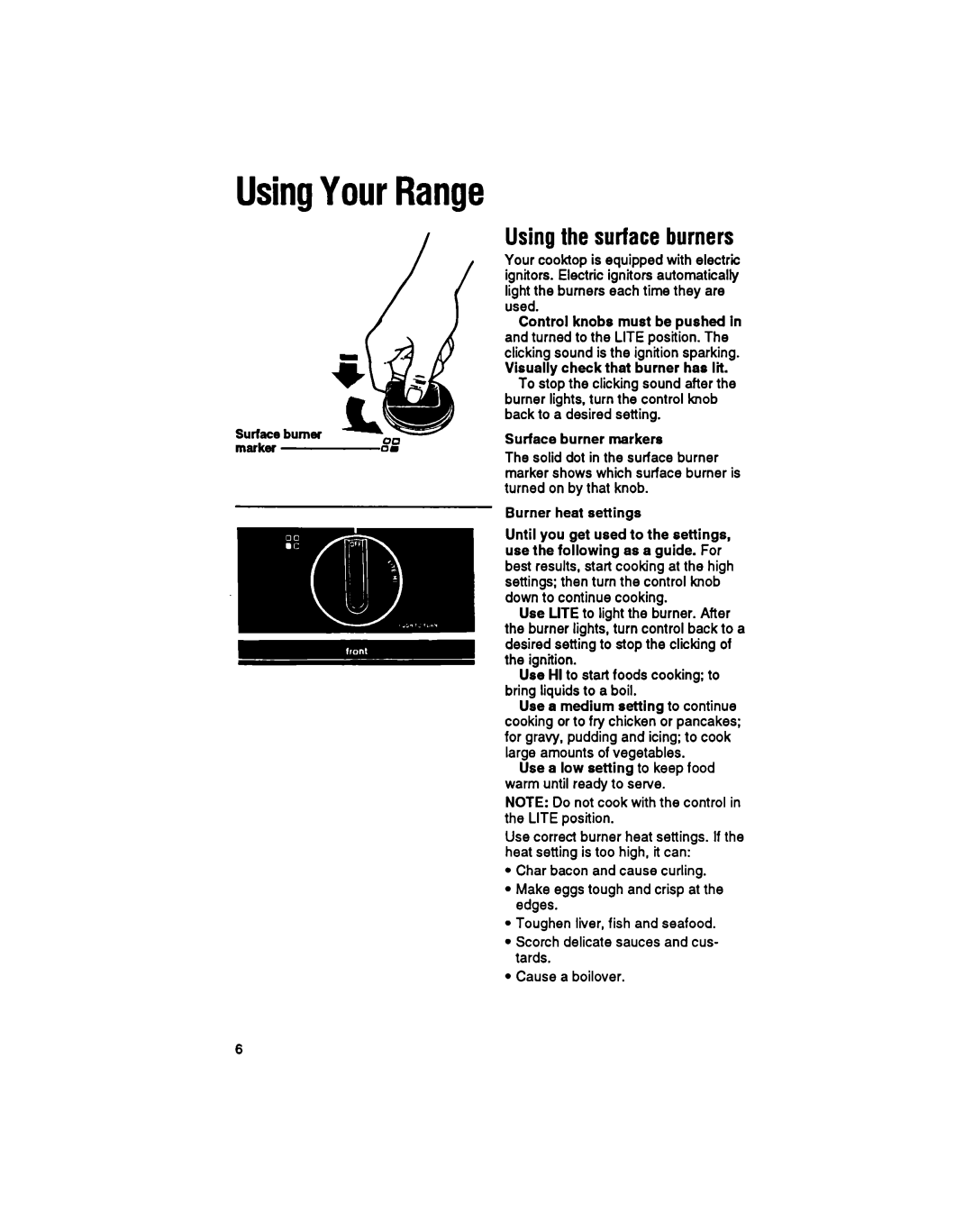 Whirlpool SF33OPEW manual UsingYourRange, Using the surface burners 