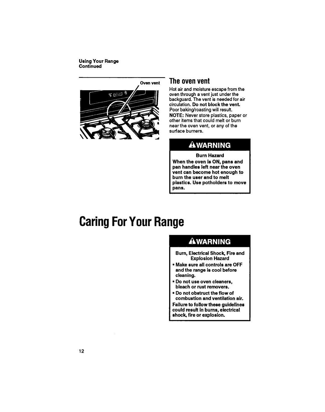 Whirlpool SF33OPEW manual CaringForYourRange, The ovenvent 