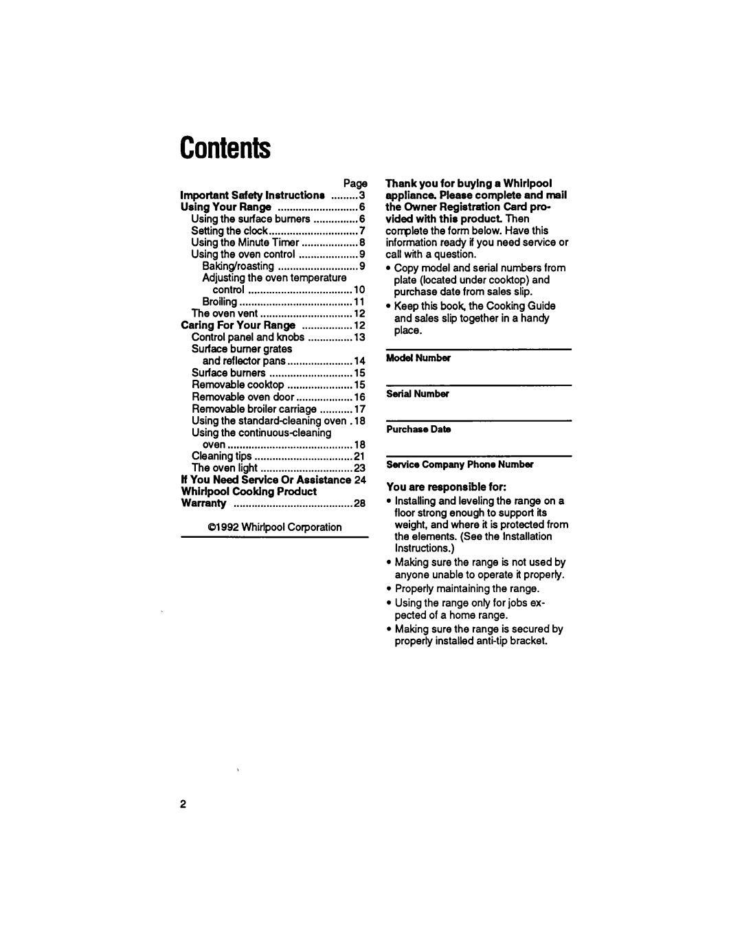 Whirlpool SF33OPEW manual Contents, Page 