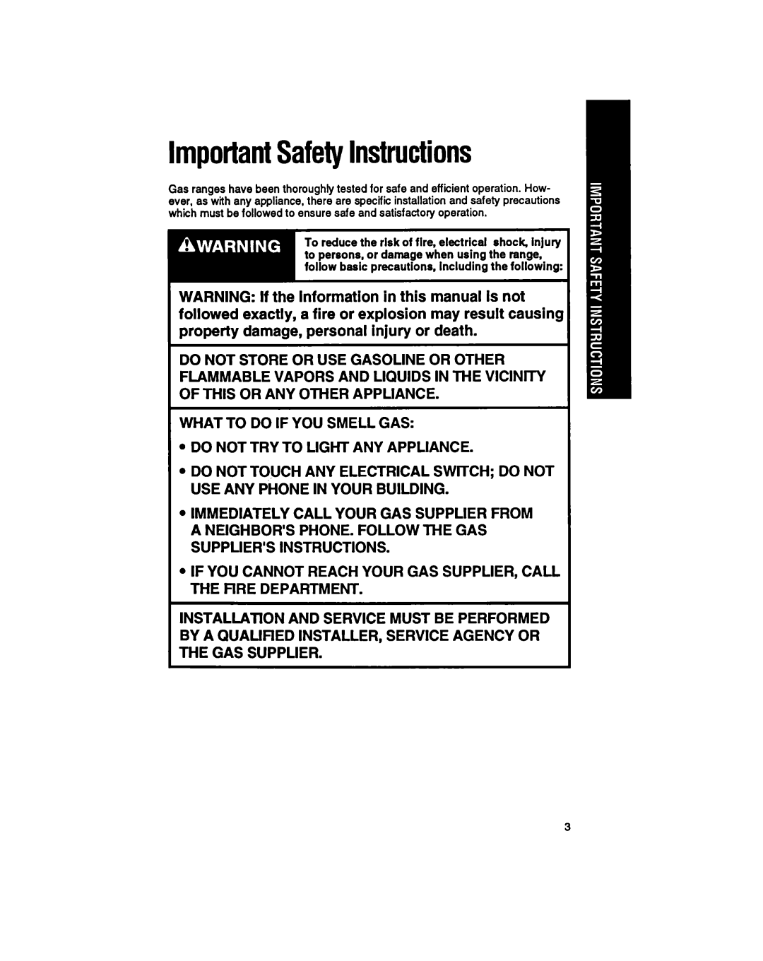 Whirlpool SF33OPEW manual ImportantSafetyInstructions 