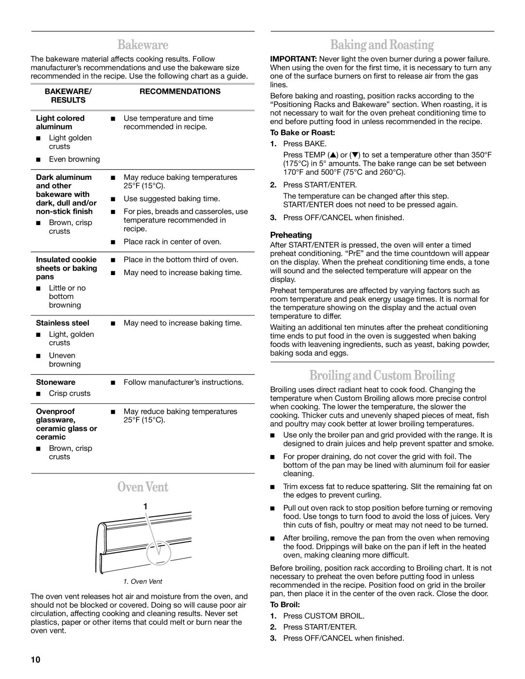 Whirlpool SF340BEH, SF357BEH manual Bakeware, Baking and Roasting, Oven Vent, Broiling and Custom Broiling, Preheating 