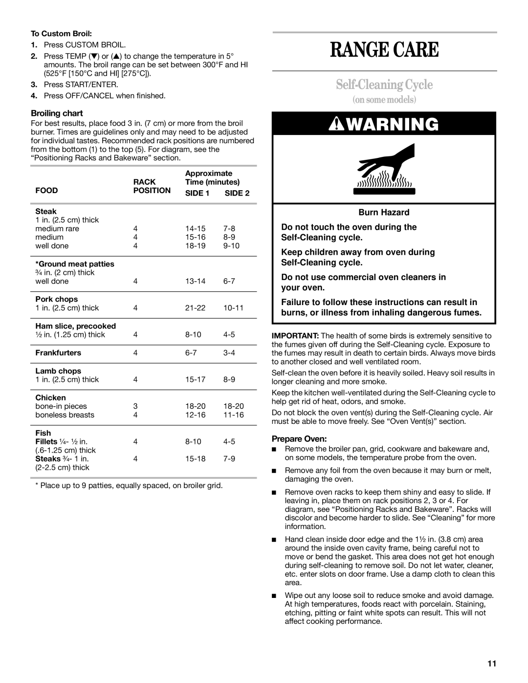 Whirlpool SF357BEH, SF340BEH manual Range Care, Self-Cleaning Cycle, Broiling chart, Prepare Oven 