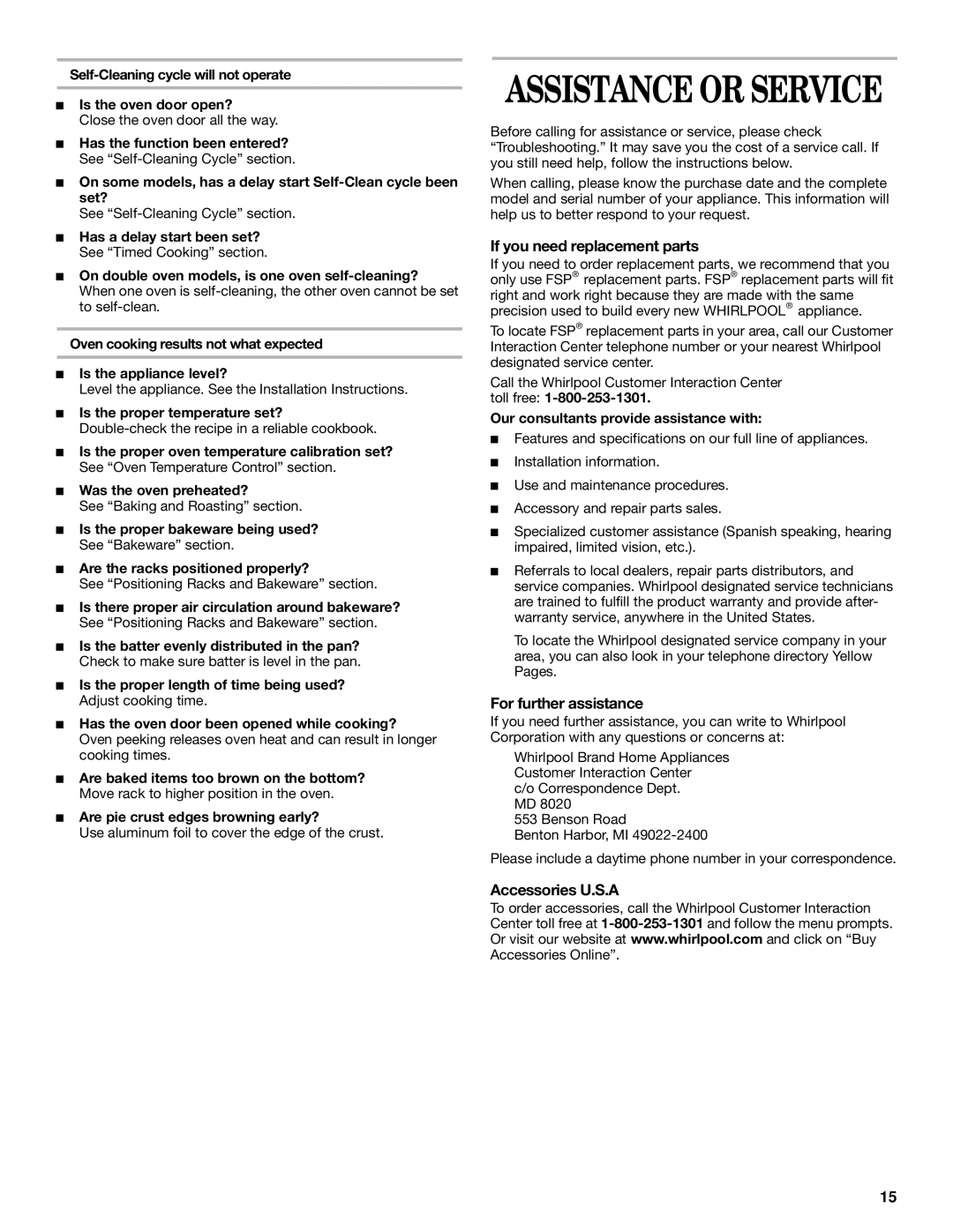 Whirlpool SF357BEH, SF340BEH manual If you need replacement parts, For further assistance, Accessories U.S.A 