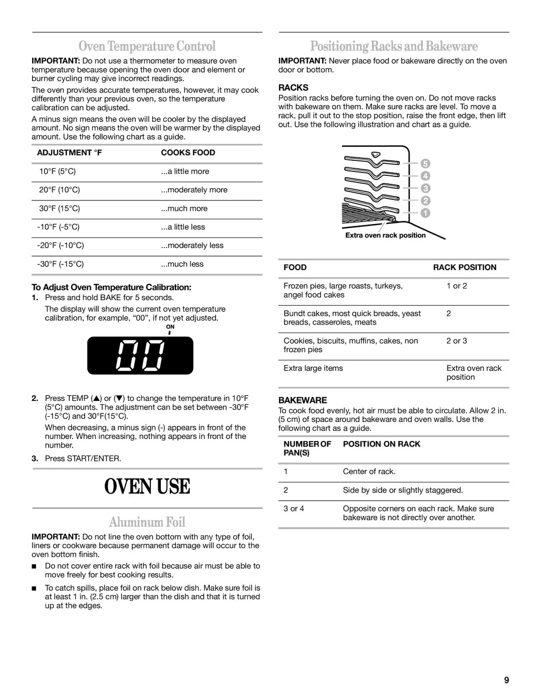 Whirlpool SF357BEH, SF340BEH manual Oven USE, Oven TemperatureControl, Aluminum Foil, Positioning Racks and Bakeware 