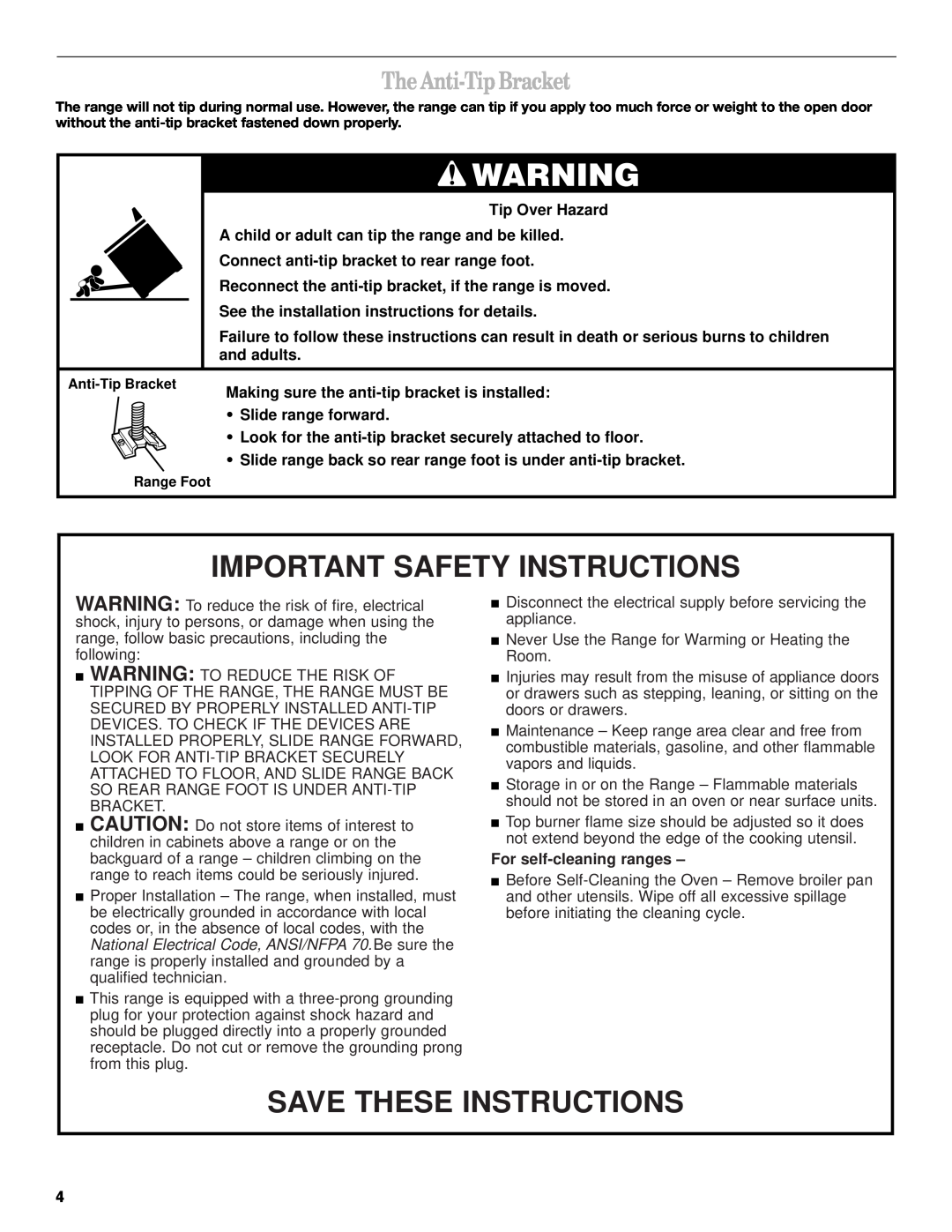 Whirlpool SF340BEH The Anti-Tip Bracket, Important Safety Instructions, Save These Instructions, For self-cleaning ranges 