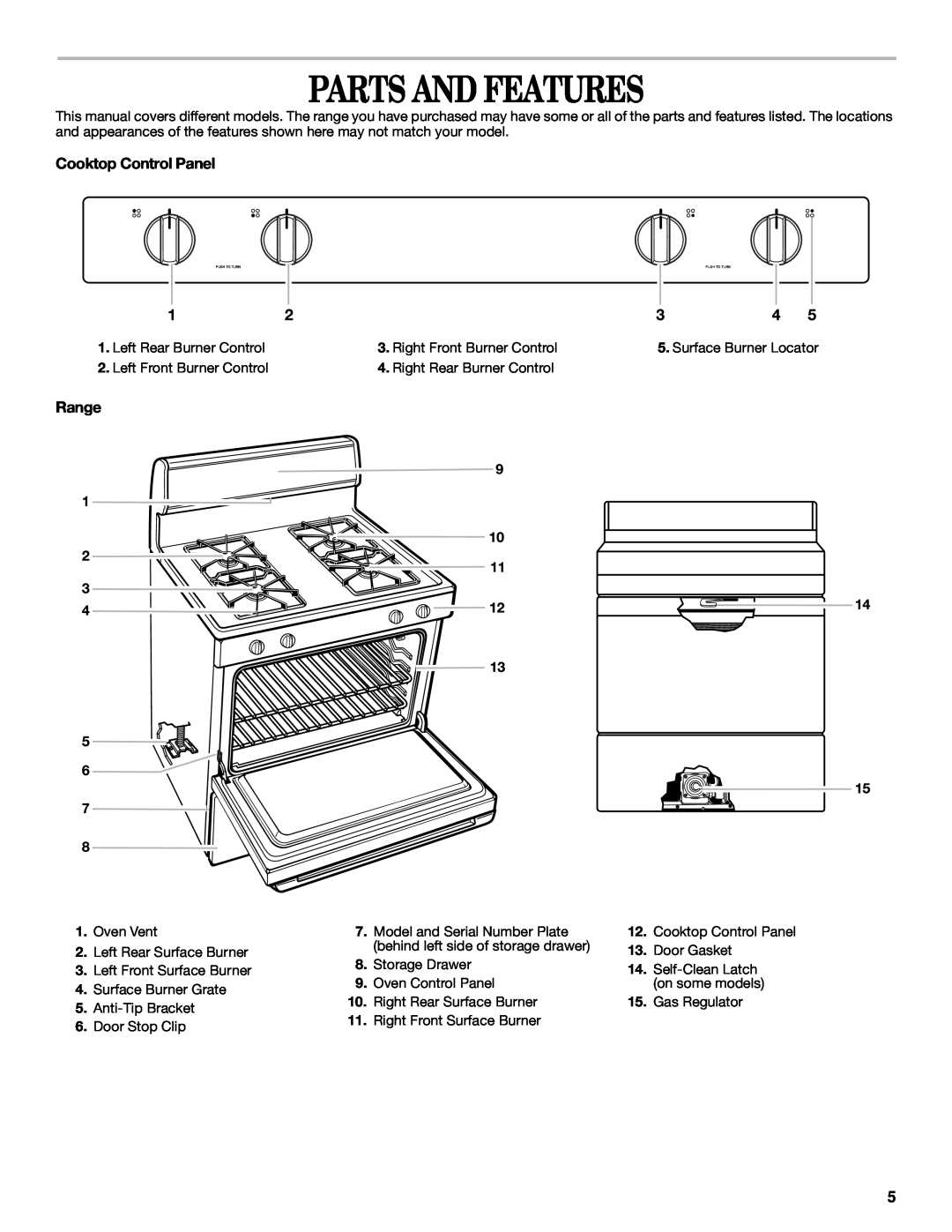 Whirlpool SF357BEH Parts And Features, Cooktop Control Panel, Range, Left Rear Burner Control, Right Front Burner Control 