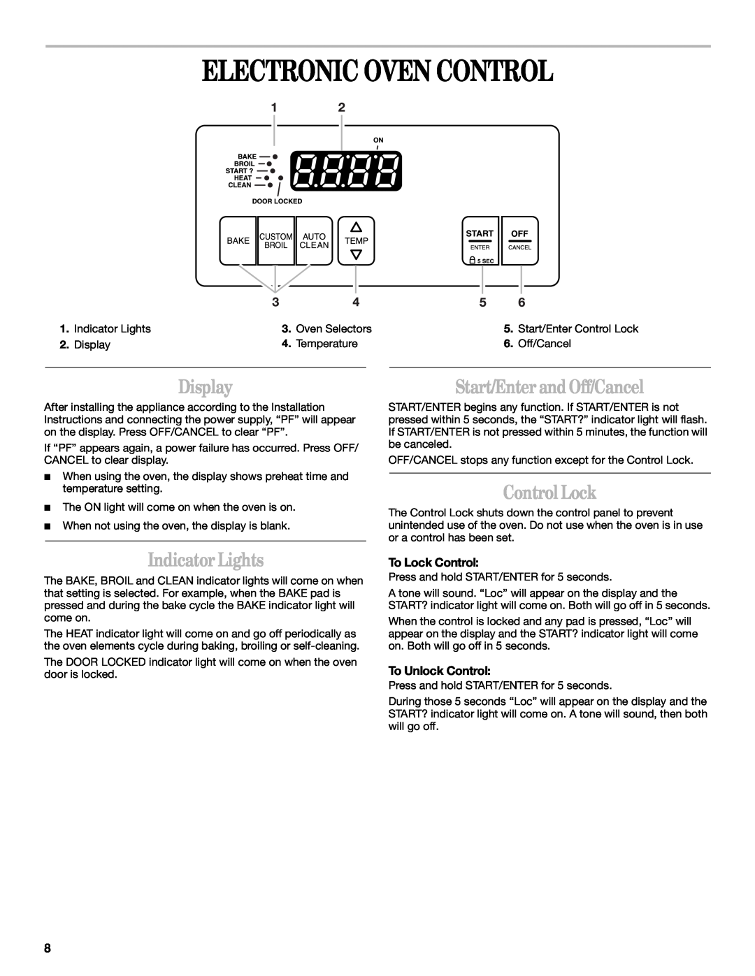 Whirlpool SF340BEH, SF357BEH Electronic Oven Control, Display, Indicator Lights, Start/Enter and Off/Cancel, Control Lock 