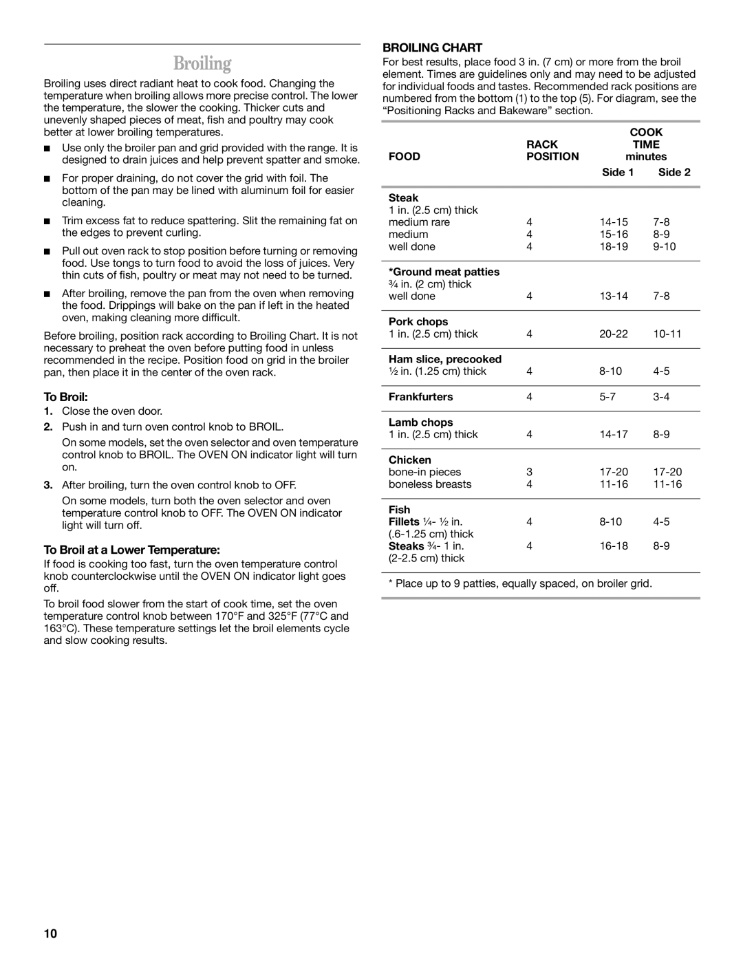 Whirlpool SF341BEK manual To Broil at a Lower Temperature, Broiling Chart 