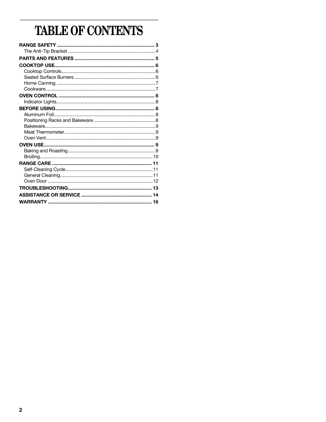 Whirlpool SF341BEK manual Table of Contents 