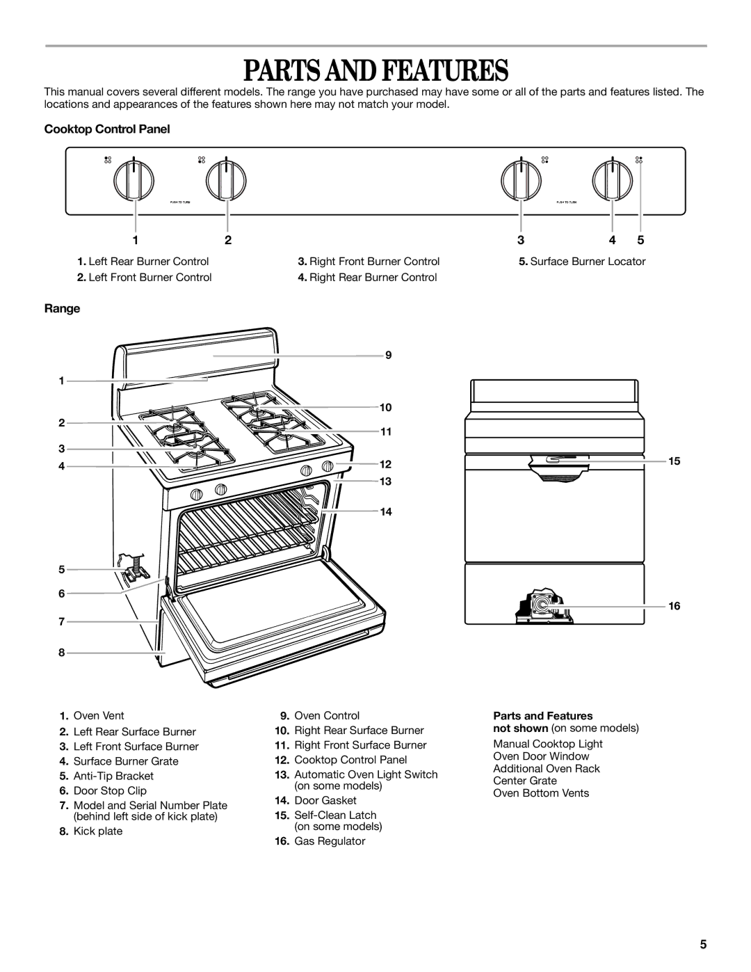 Whirlpool SF341BEK manual Parts and Features, Cooktop Control Panel, Range 