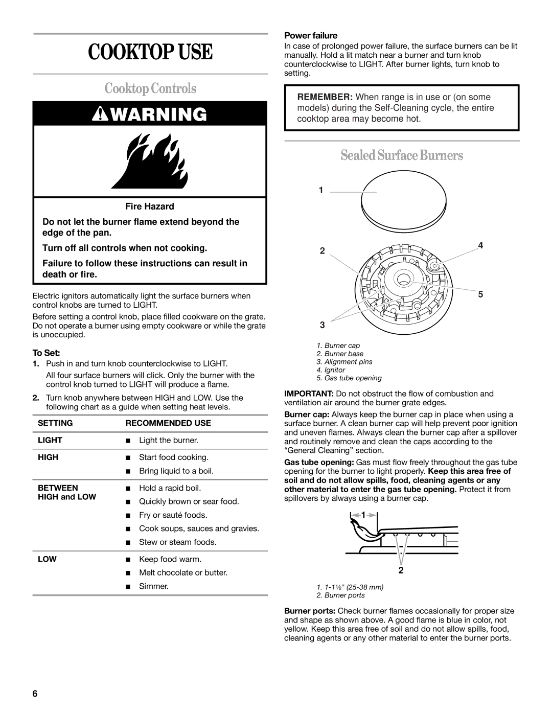 Whirlpool SF341BEK manual Cooktop USE, Cooktop Controls, Sealed Surface Burners, Power failure, To Set 