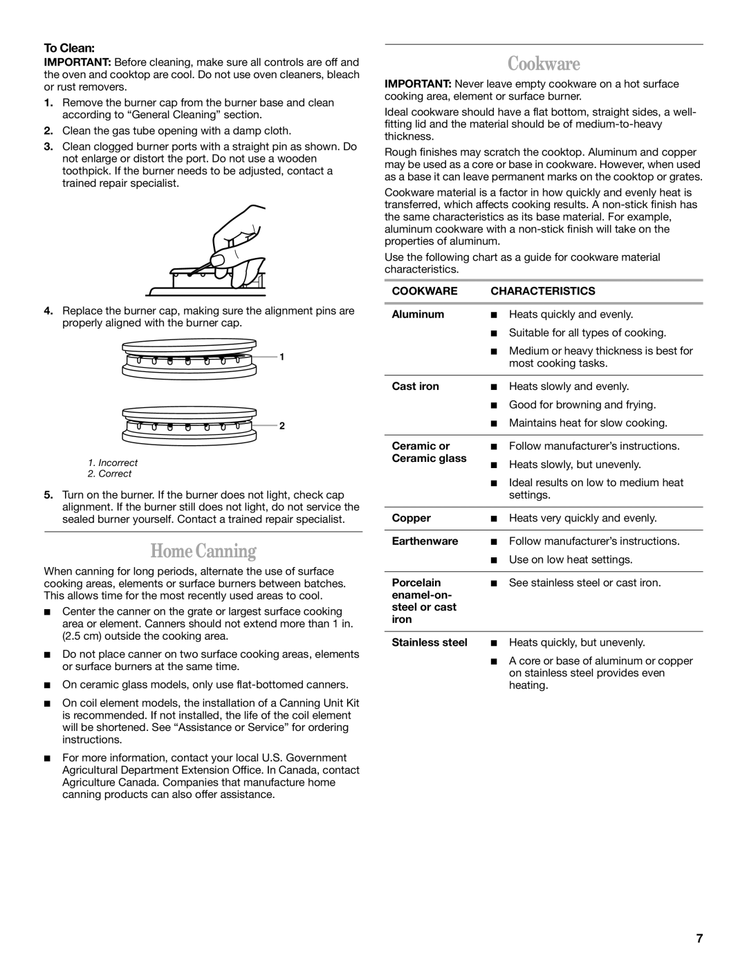 Whirlpool SF341BEK manual Home Canning, To Clean, Cookware Characteristics 