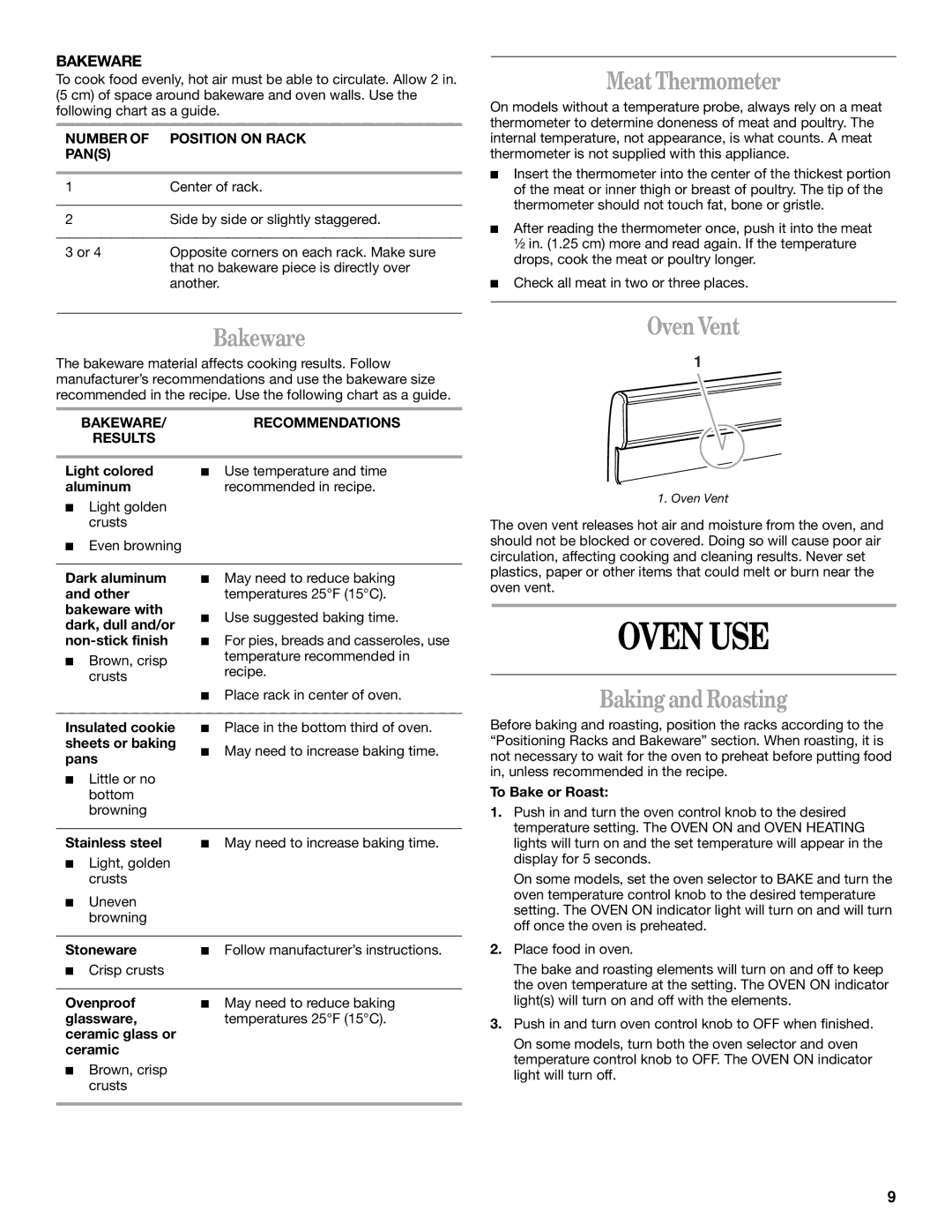 Whirlpool SF341BEK manual Oven USE, Meat Thermometer, Bakeware, Oven Vent, Baking and Roasting 