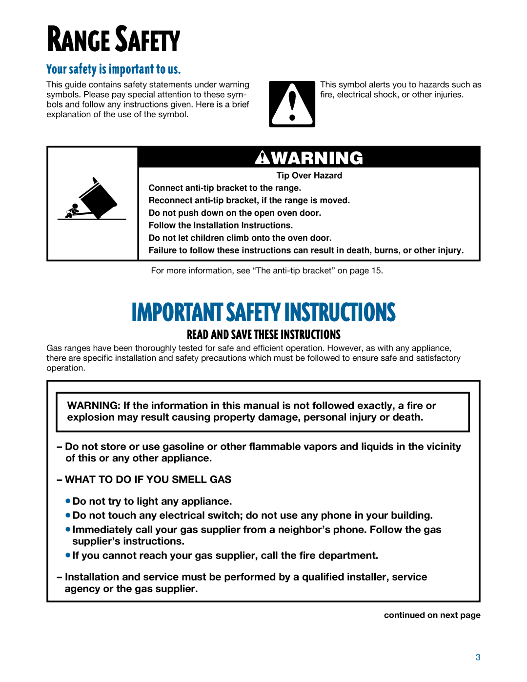 Whirlpool SF350BEE warranty Range Safety, Your safety is important to us, On next 