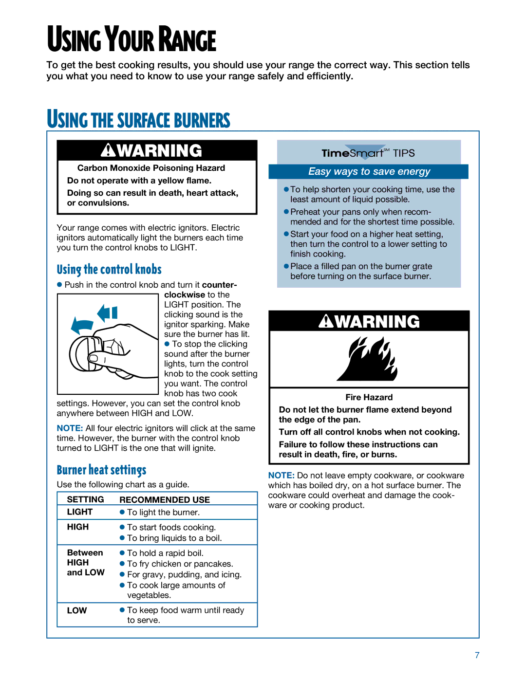 Whirlpool SF350BEE warranty Using Your Range, Using the Surface Burners, Using the control knobs, Burner heat settings 