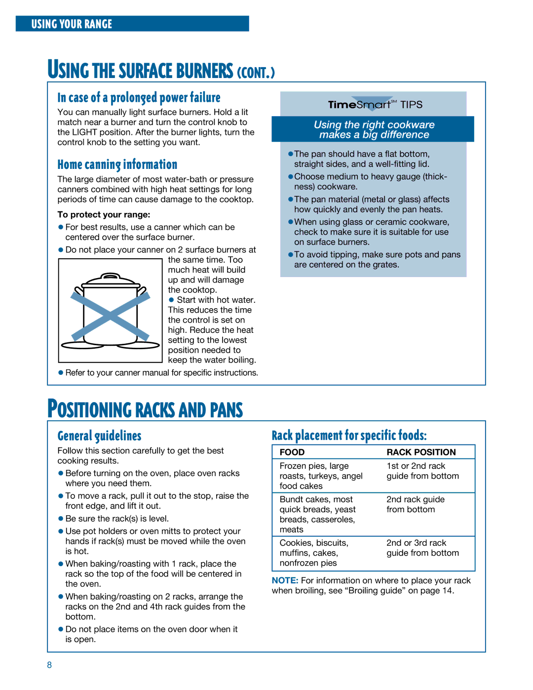 Whirlpool SF350BEE warranty Positioning Racks and Pans, Home canning information, General guidelines, Food Rack Position 