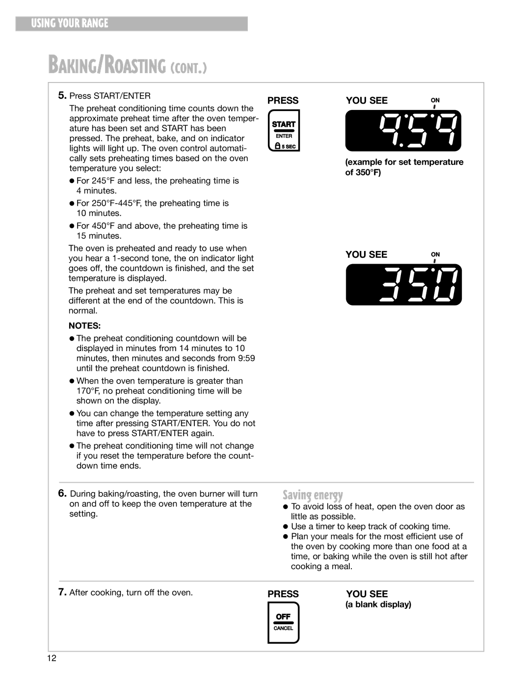 Whirlpool SF350BEG warranty Example for set temperature of 350F, Blank display 